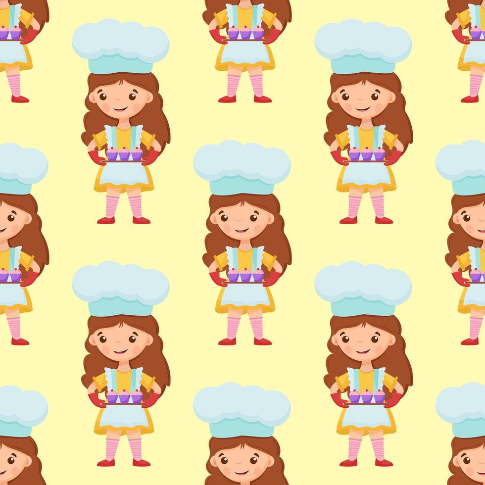 Seamless pattern cute little girl holds a cupcakes on the tray. vector