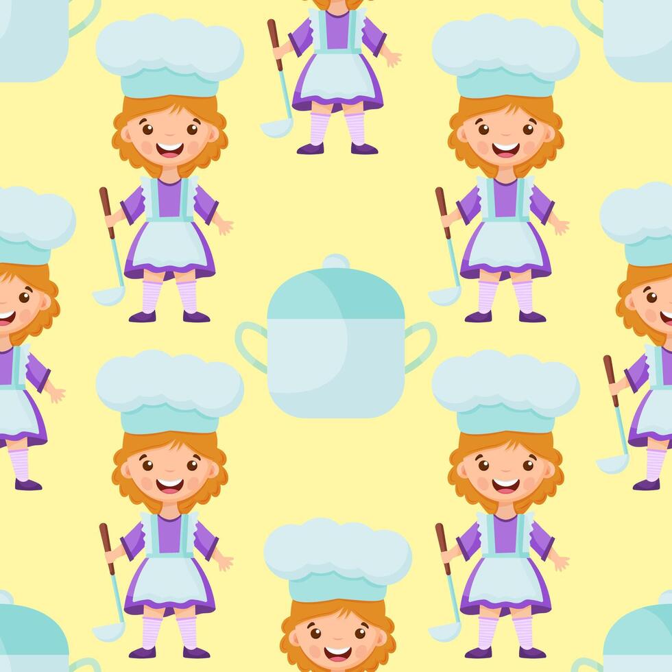 Seamless pattern of cartoon kitchen ware and cute child cook. children background. vector