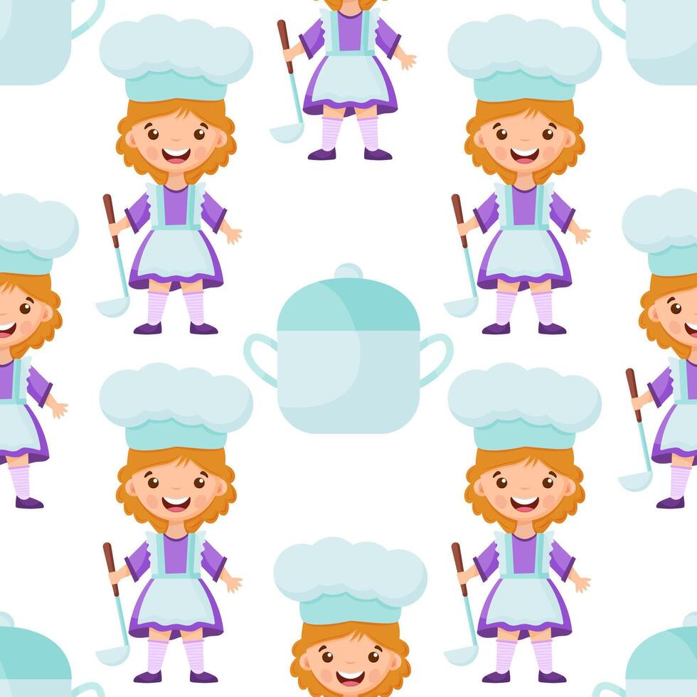 Seamless pattern of cartoon kitchen ware and cute child cook. children background. vector