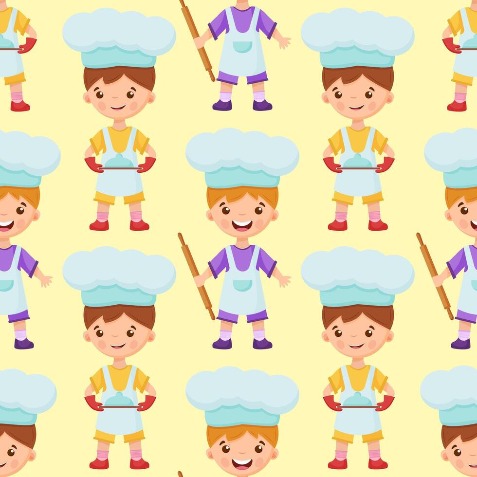 Boys bakers are holding a rolling pin and a tray with a dish. Baguette paper bag. Seamless pattern with children chefs. vector