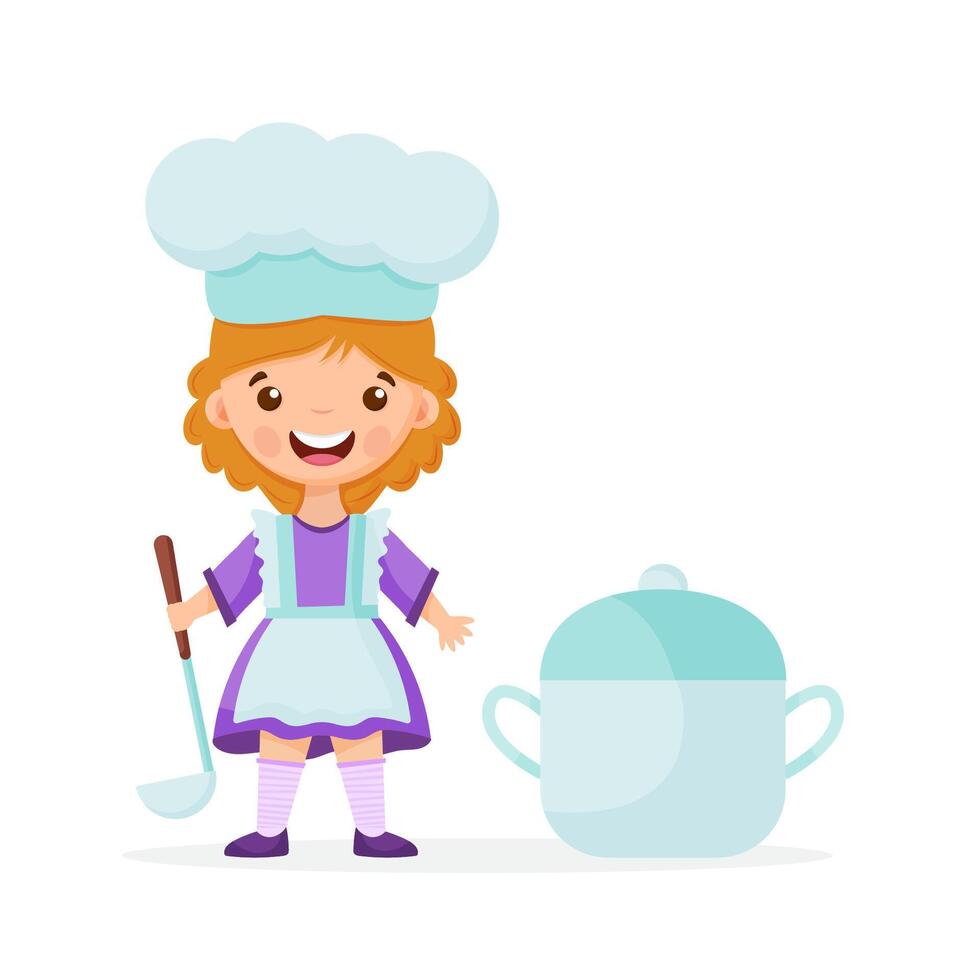Girl Chef Character with Ladle, Kid Dreaming of Future Profession Illustration. vector