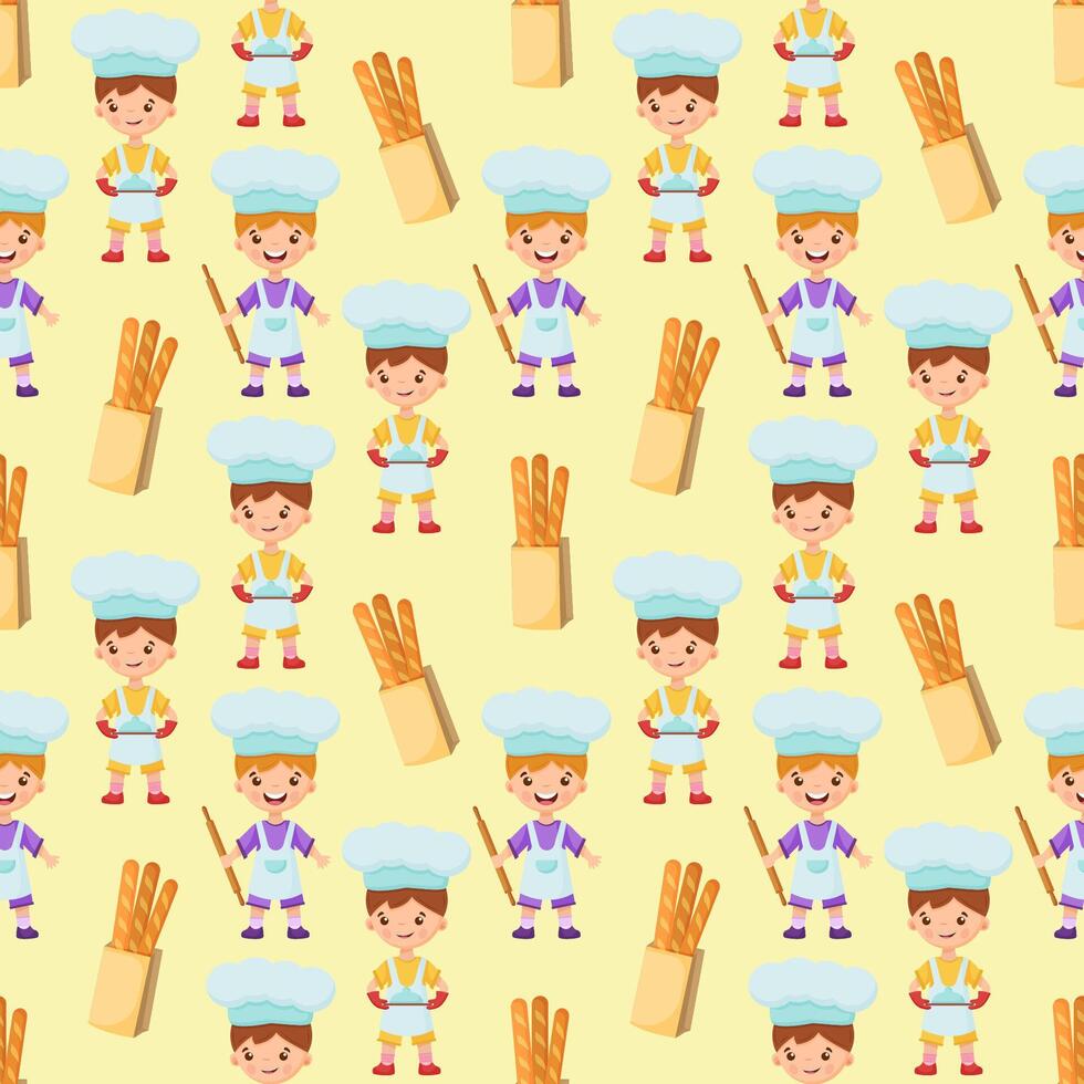 Boys bakers are holding a rolling pin and a tray with a dish. Baguette paper bag. Seamless pattern with children chefs. vector