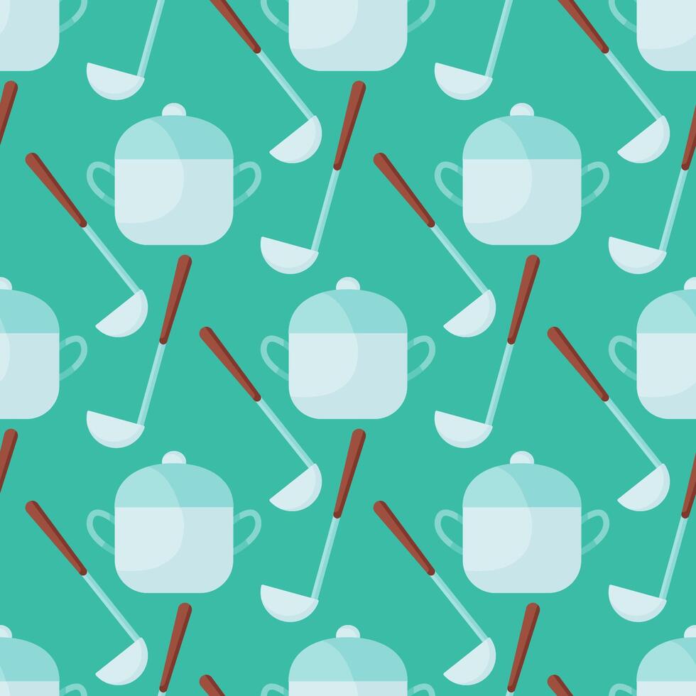 Illustration pattern with kitchen utensils on it saucepans and ladles on background. vector