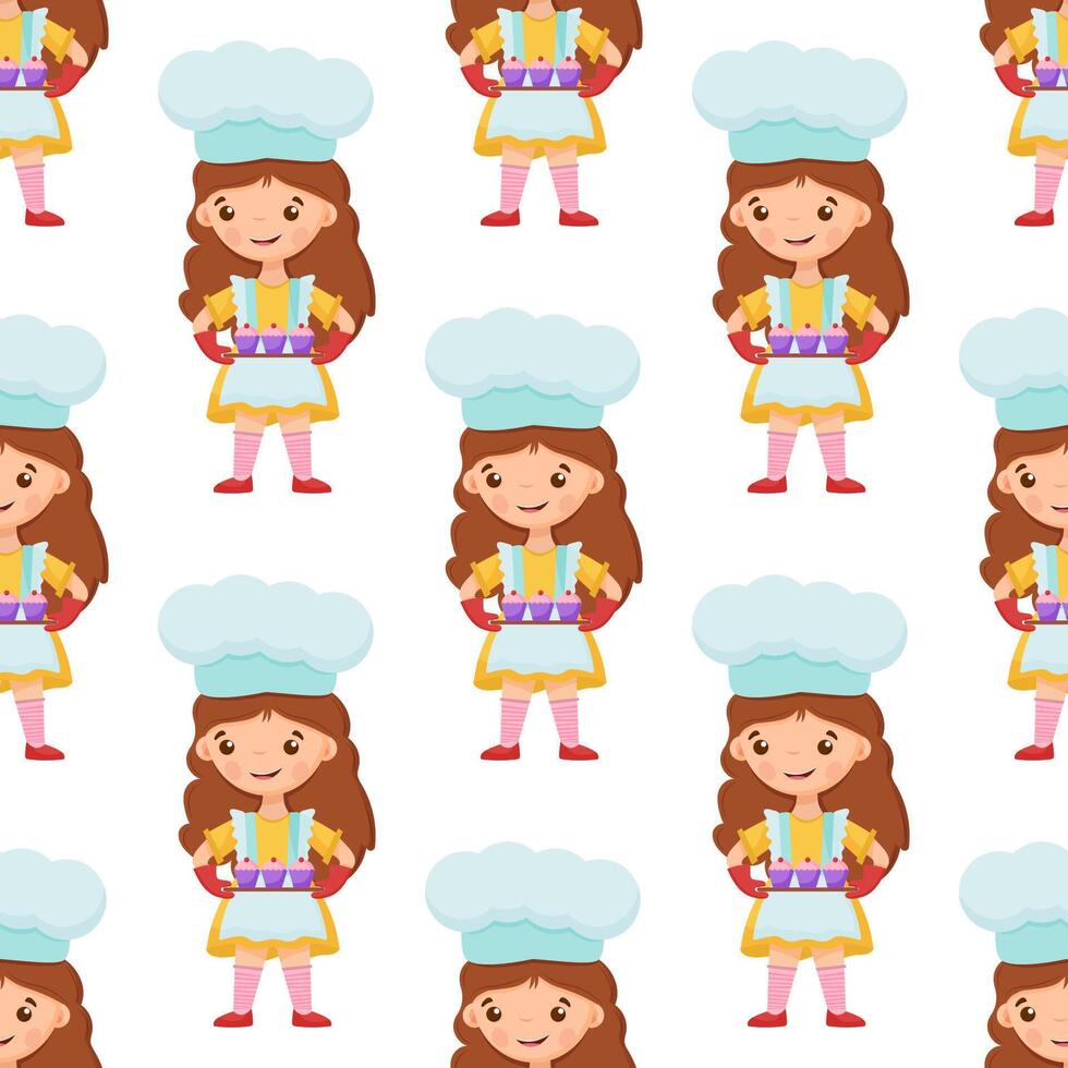 Seamless pattern cute little girl holds a cupcakes on the tray. vector
