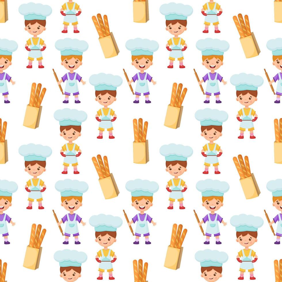 Boys bakers are holding a rolling pin and a tray with a dish. Baguette paper bag. Seamless pattern with children chefs. vector