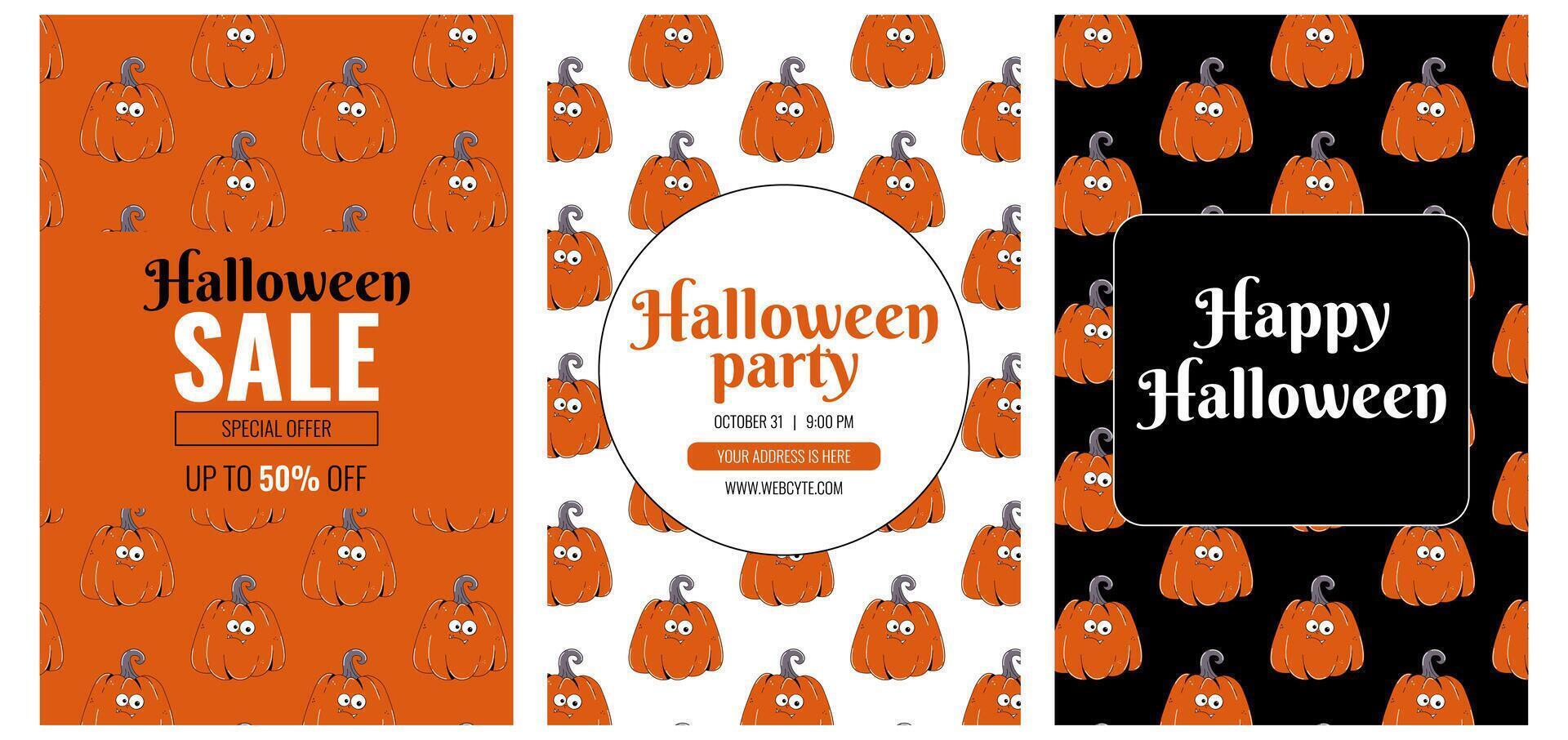Groovy retro Happy Halloween flyer, poster, invitation. Funky red character pumpkin on red, white and black background. illustration template. vector