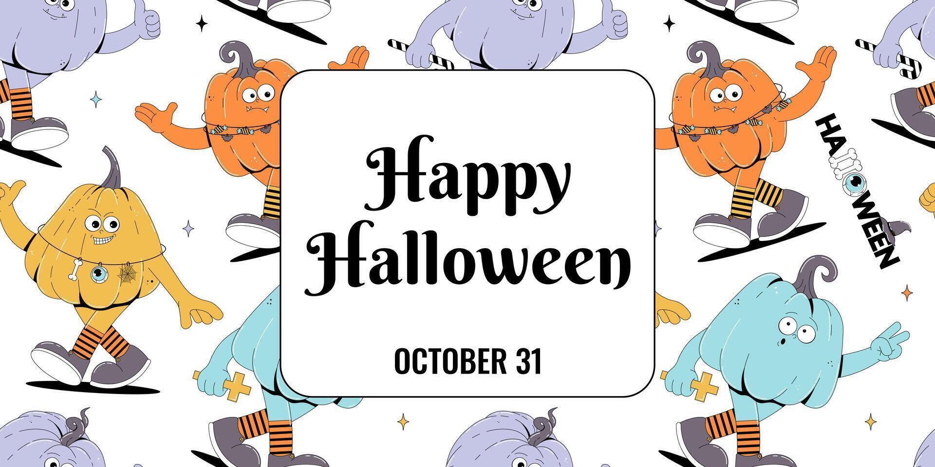 Groovy retro Happy Halloween banner, flyer, poster, brochure. Funky walking groovy character pumpkins with creepy and skary face. template. vector