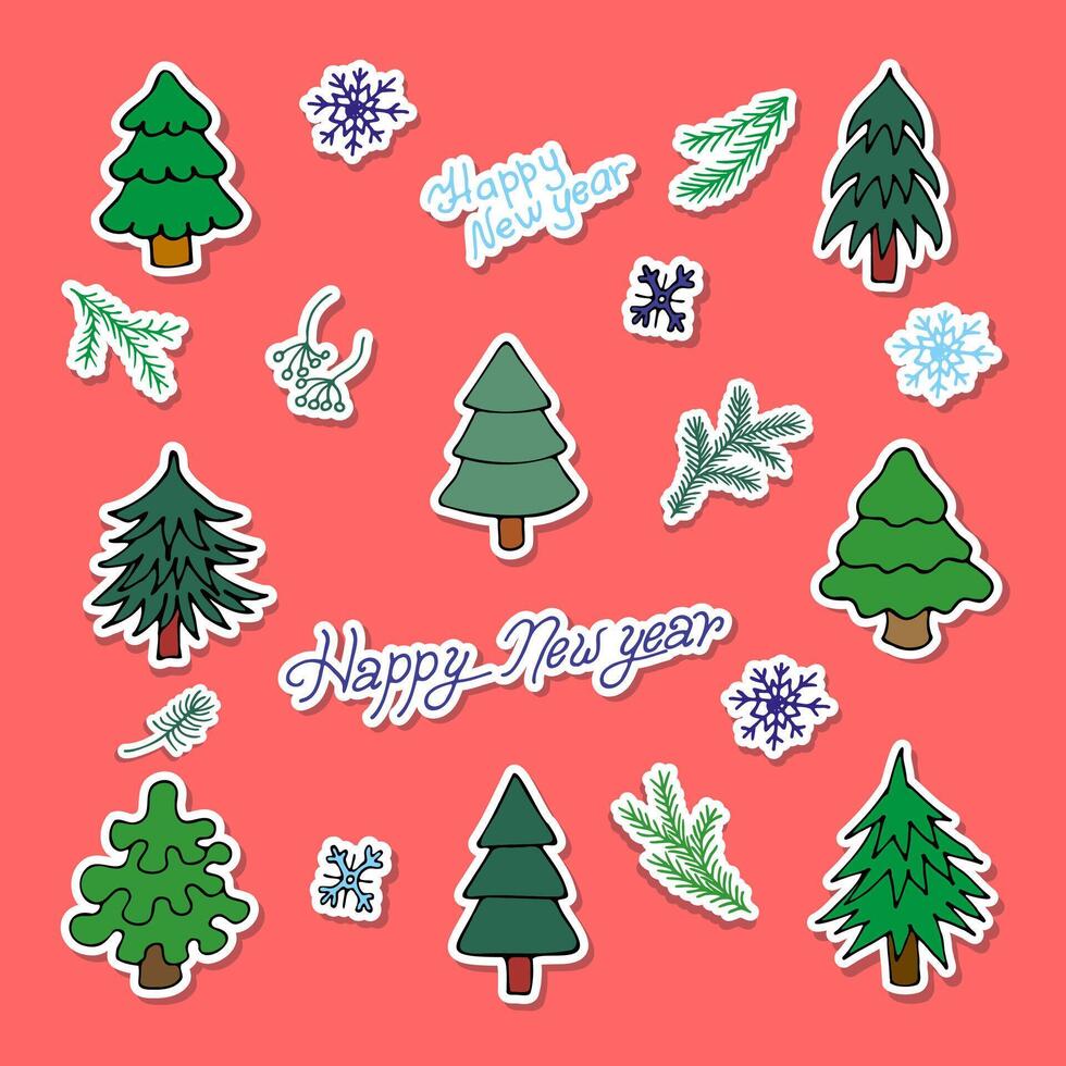 A large colorful set of Christmas stickers with fir trees and snowflakes, hand-drawn in a cartoon style. vector