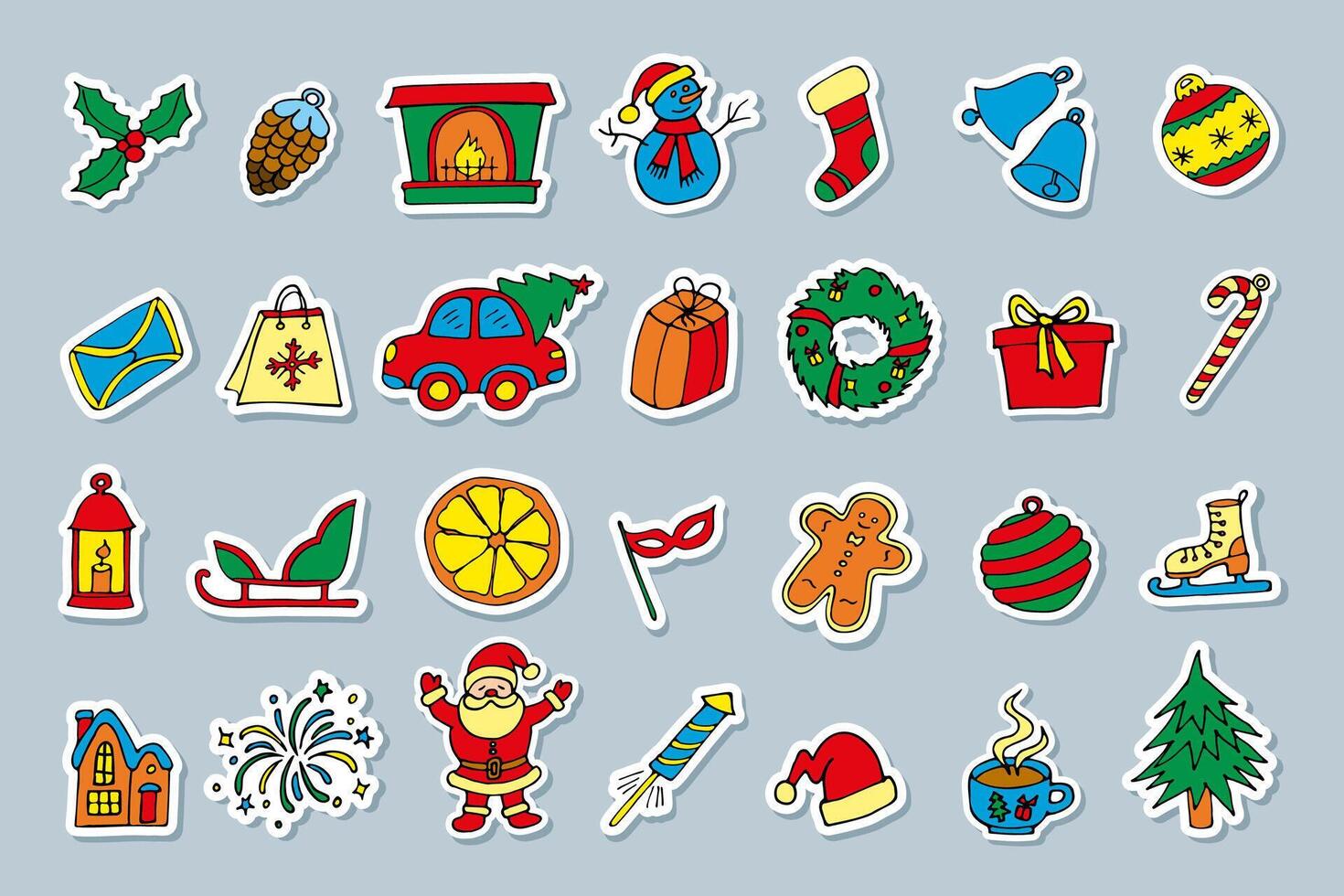 A large colorful set of New Year stickers, hand-drawn in a cartoon style. vector