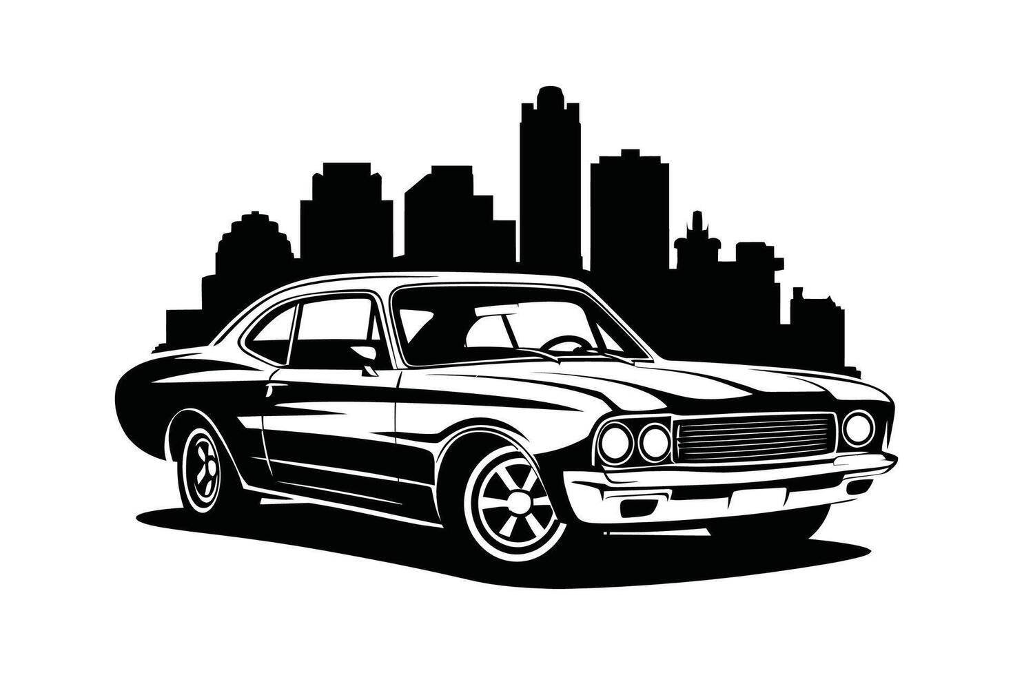 Classic Muscle Car with City Skyline in Black and White Vector Art