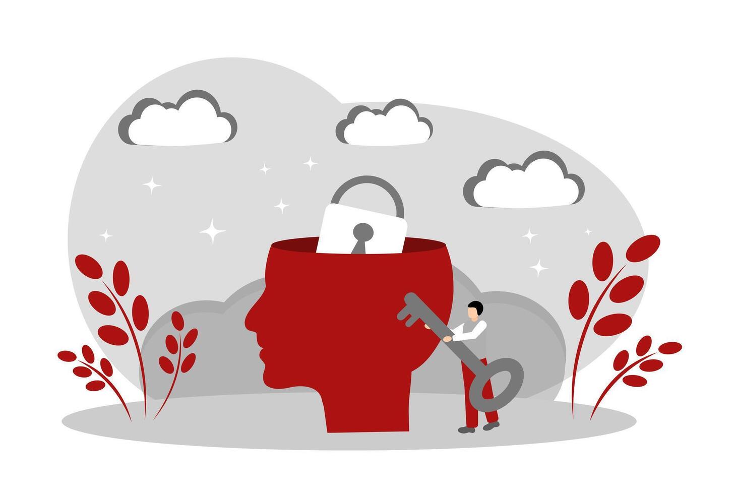A lock in the head. The key to solving the problem. Mental health vector