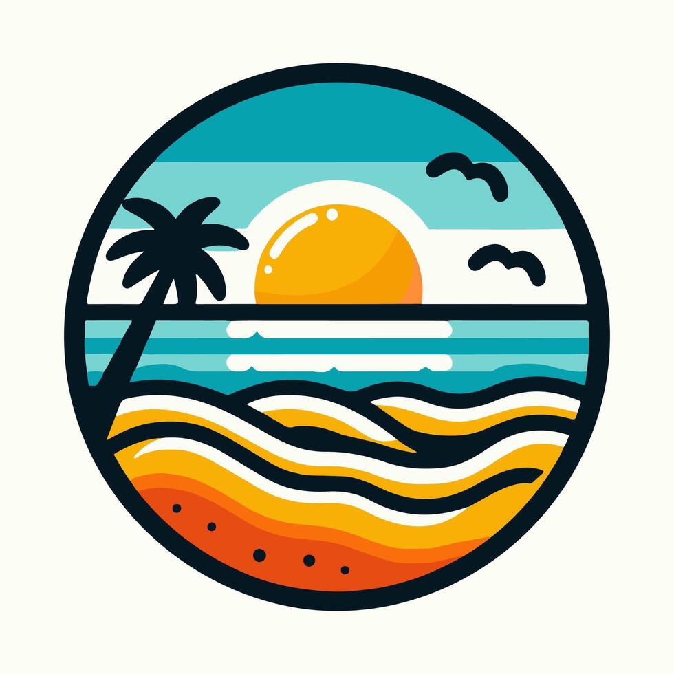 Colorful Tropical Beach Scene with Palm Tree Sun and Birds for Logo and T Shirt Design vector