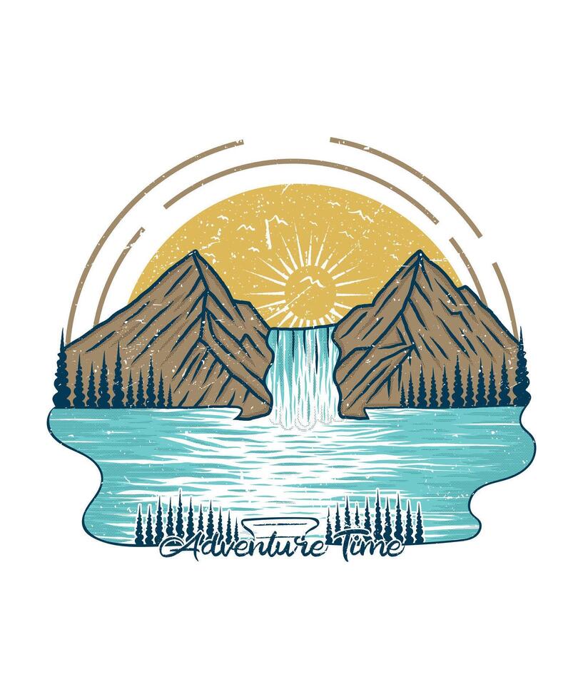 Travel adventure mountain lake drawing t shirt design vector