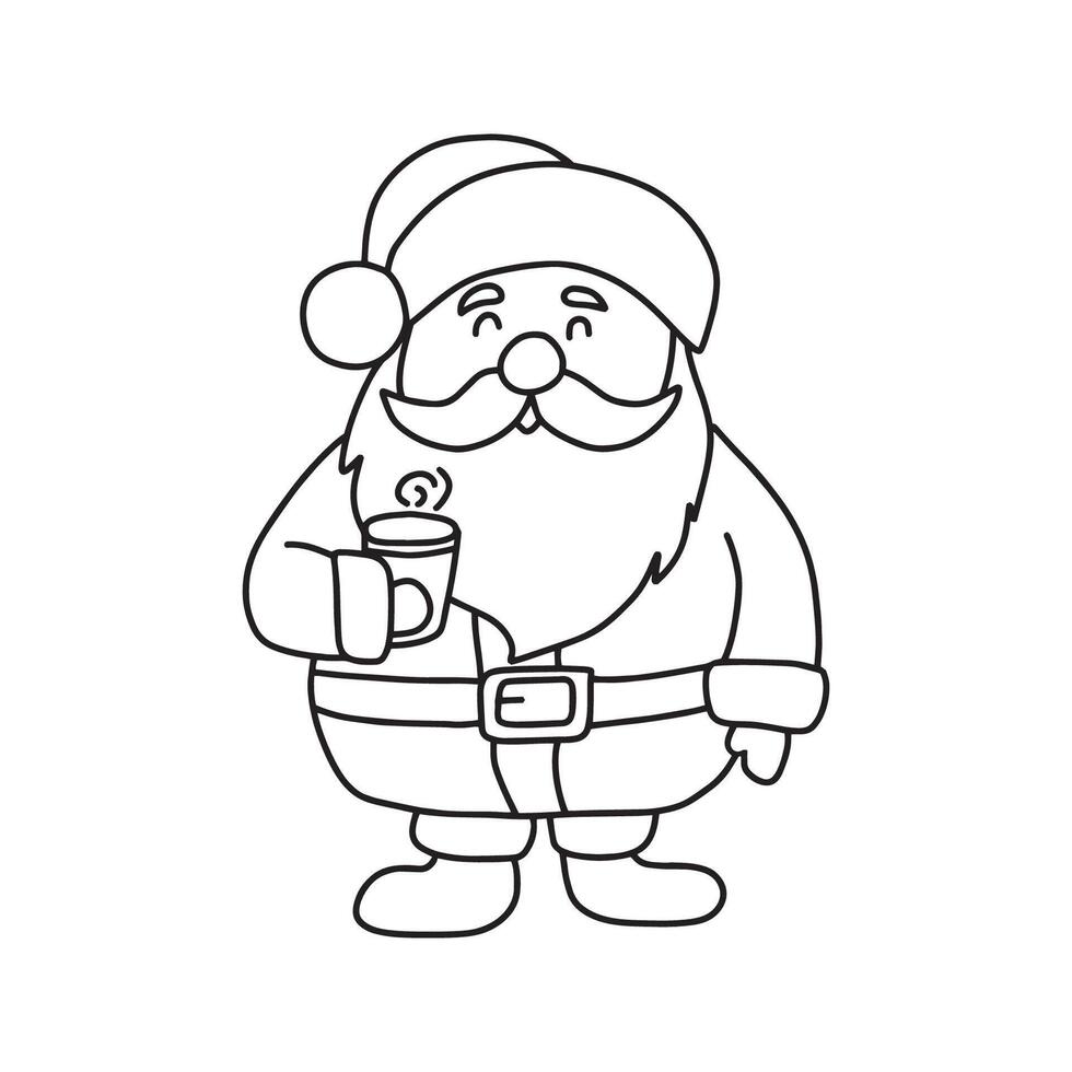 Cute Santa Claus with coffee in his hand in doodle style. vector