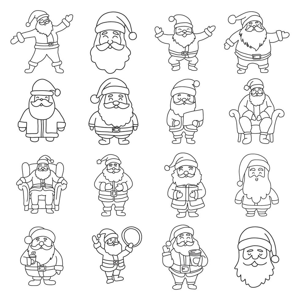 Set of Santa Claus in doodle style. vector