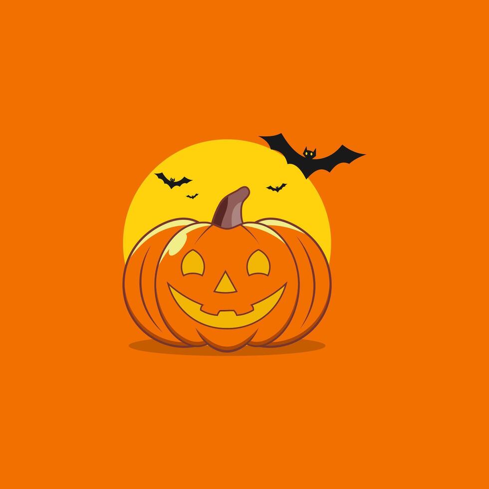 Halloween pumpkin with bats on orange background vector
