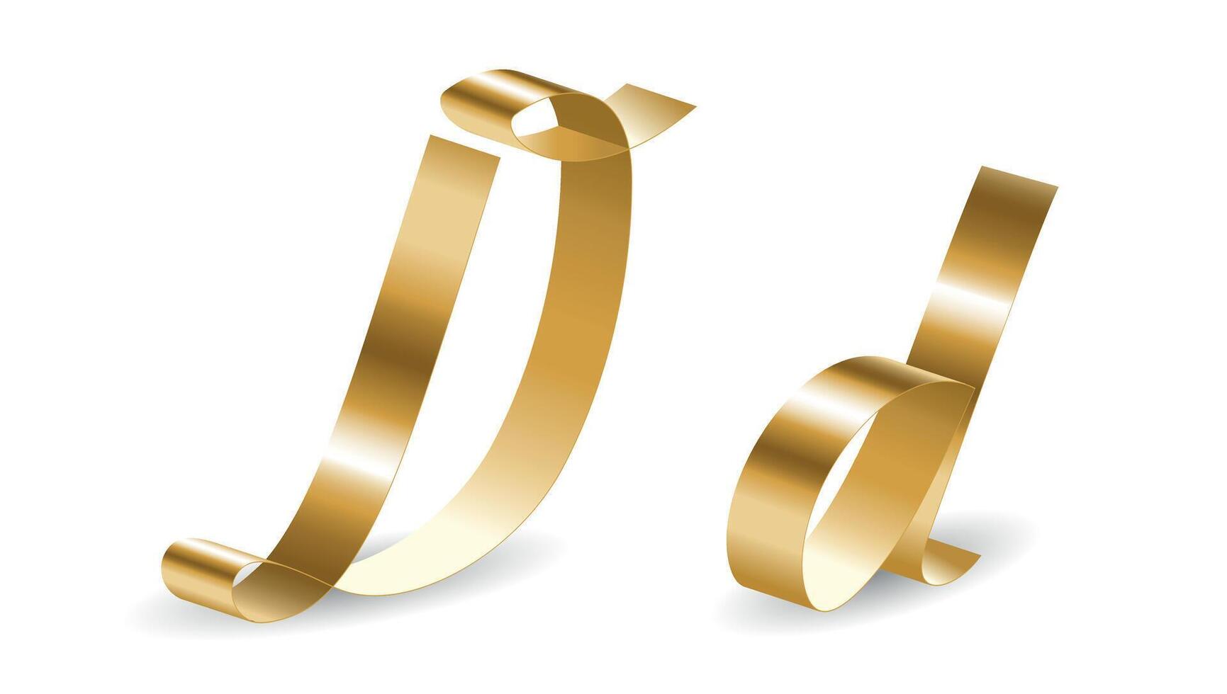 Metallic Gold Ribbon D Letters with Shadows. Alphabet Signs Isolated on White Background vector