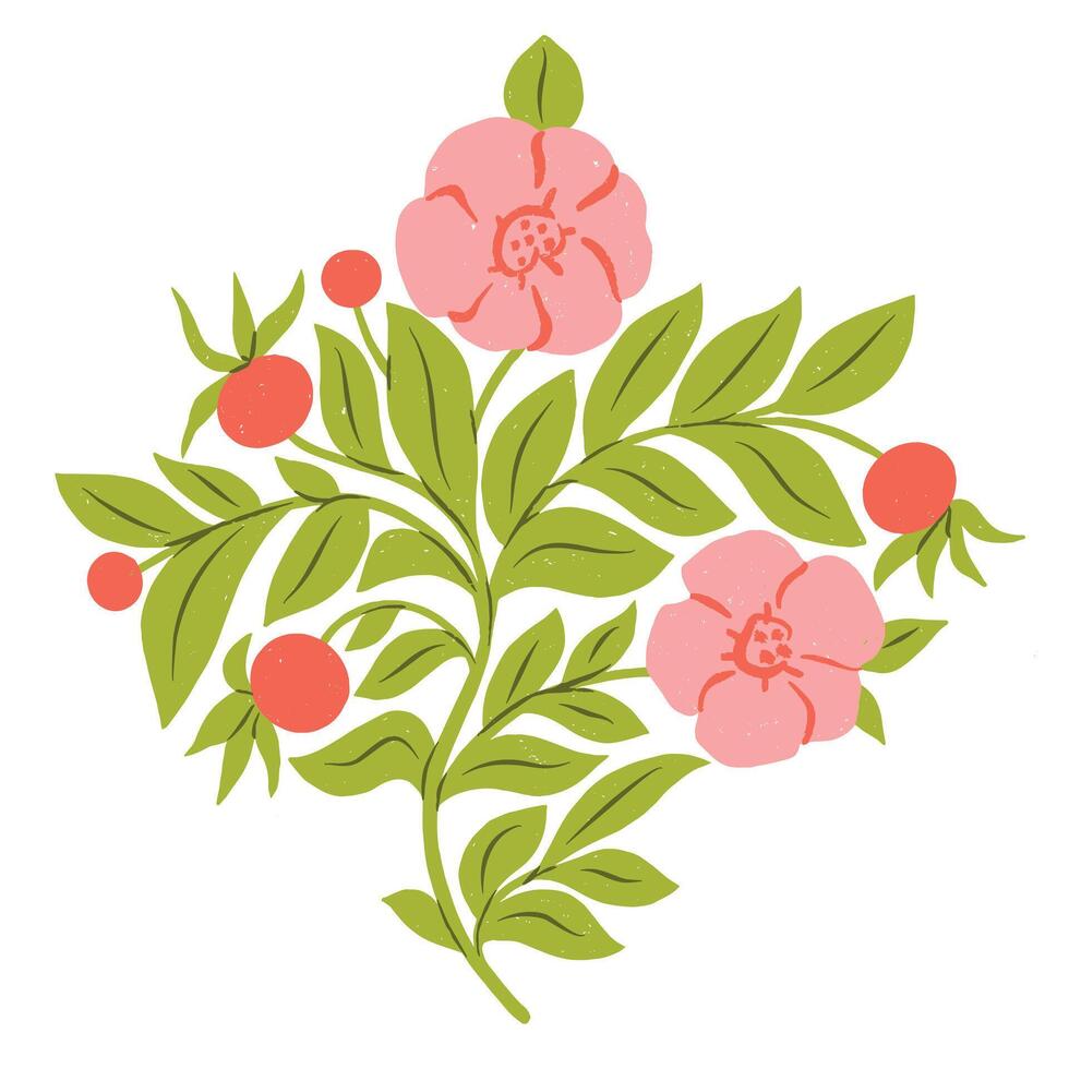 Rose Hip Blooming, Plants with Stems and Leaves. Decorative Floral Design Element vector