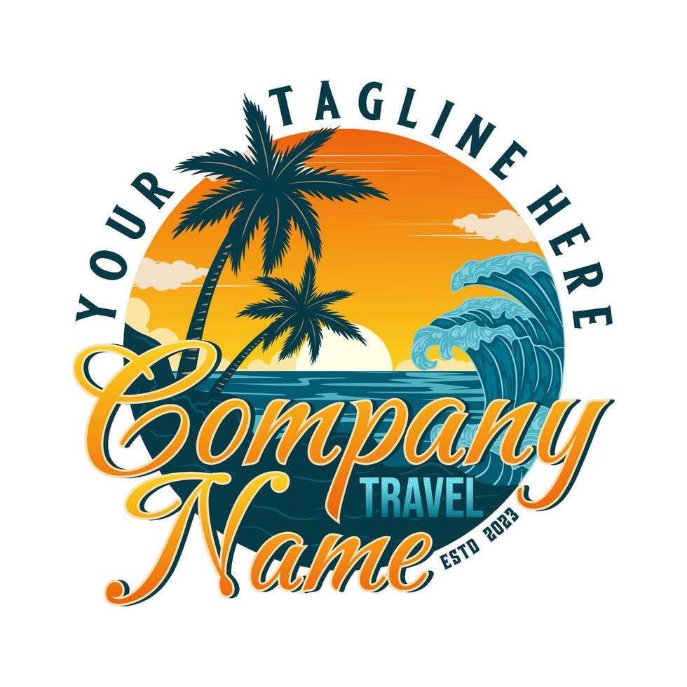 beach logo. concept of beach, palm trees and sunset. vector