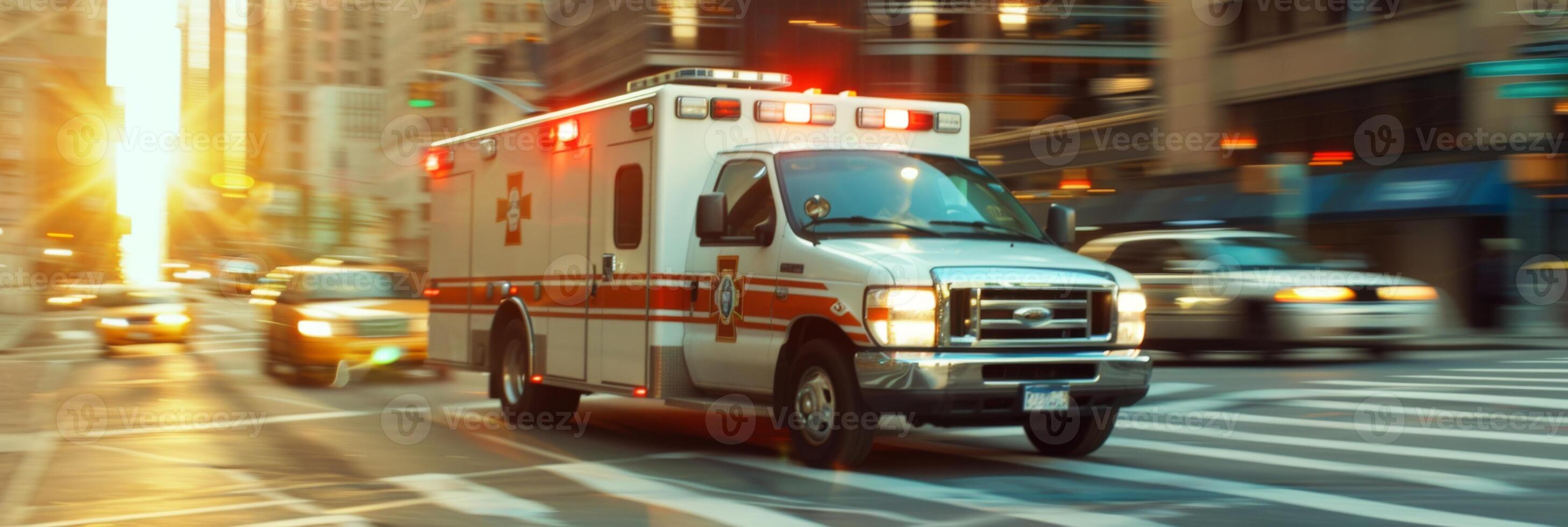 Emergency ambulance rushing through a busy city intersection at sunset during golden hour photo