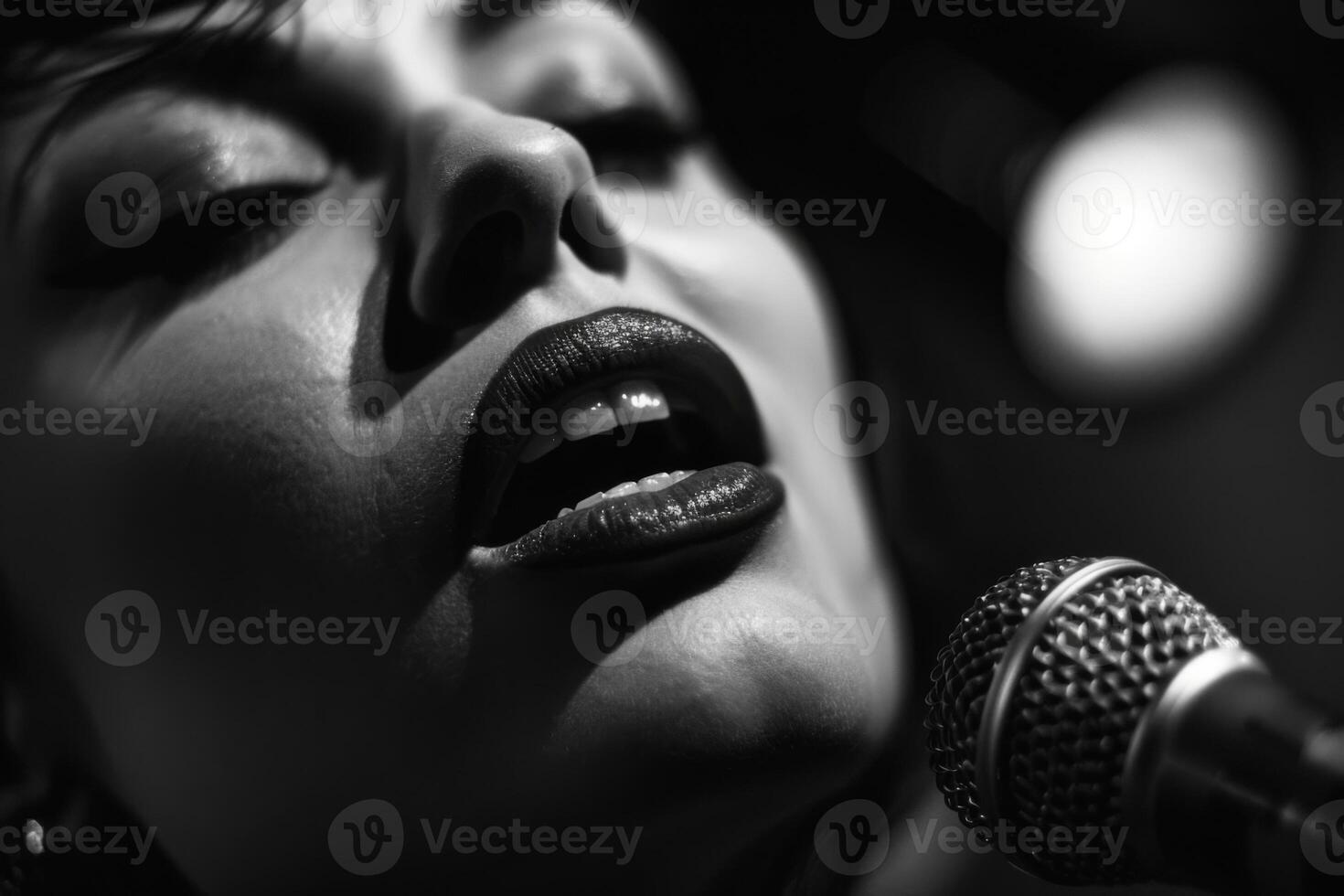 An expressive vocalist performing passionately on stage in low light during a night concert photo