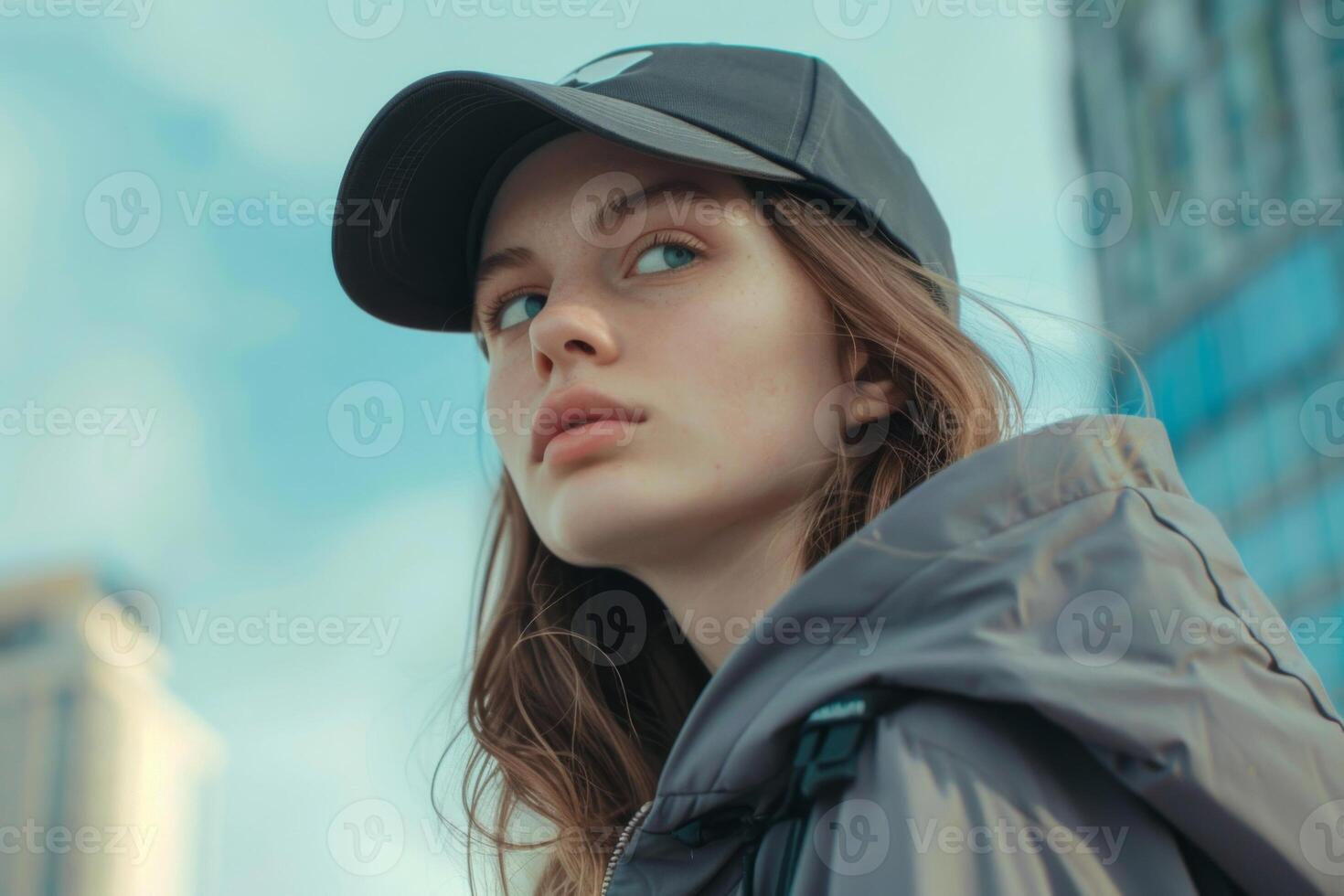 A young woman wearing a cap gazes thoughtfully at the urban skyline on a crisp afternoon photo