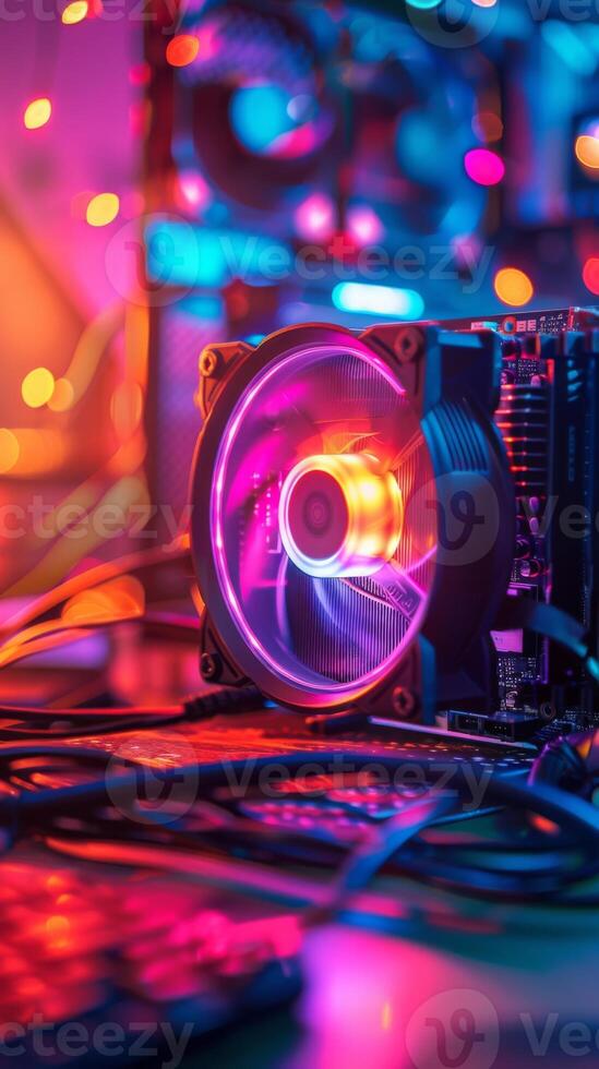 An illuminated CPU cooler glimmers amidst a colorful electronic workspace at night photo