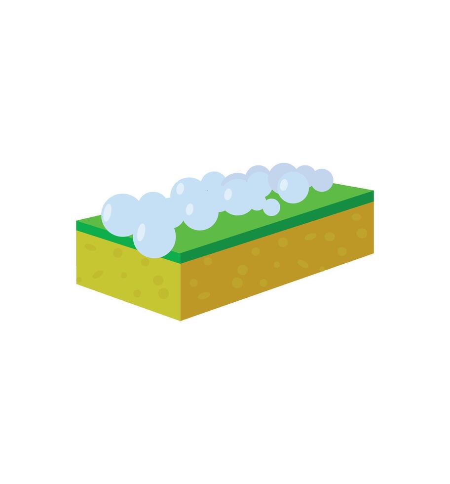 Yellow cleaning sponge with soap bubbles for washing and bathing. vector