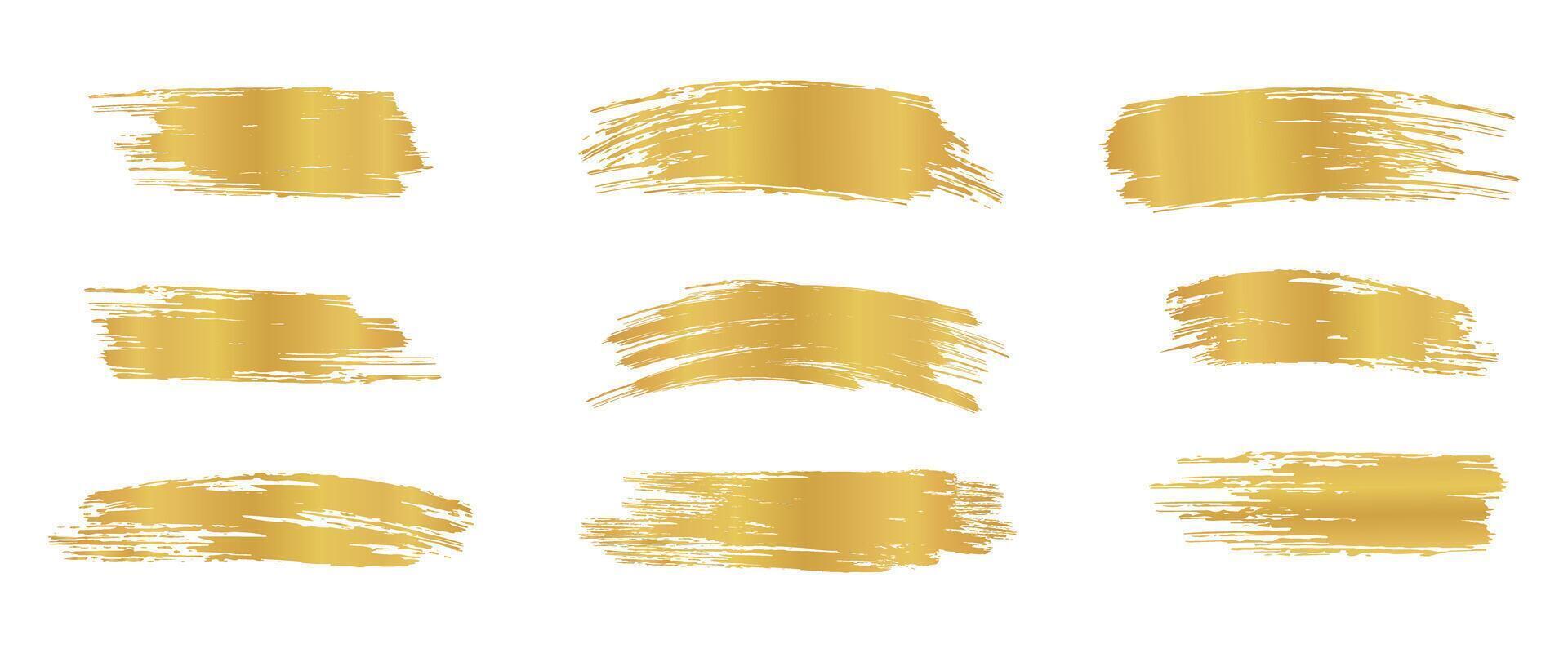 Gold brush strokes. Shiny paint spots. Bright festive highlight. Foil stripe. vector