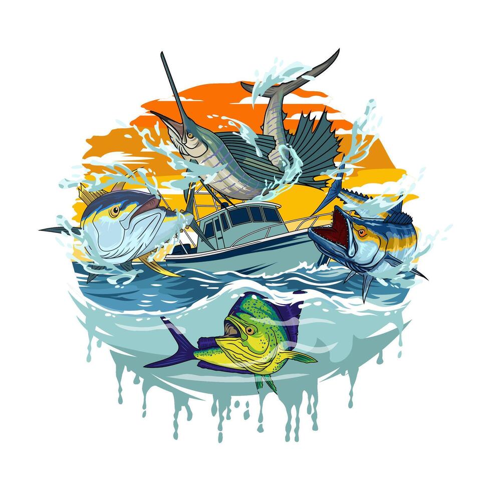 Sailfish marlin tuna mahi mahi dorado wahoo fishing illustration vector