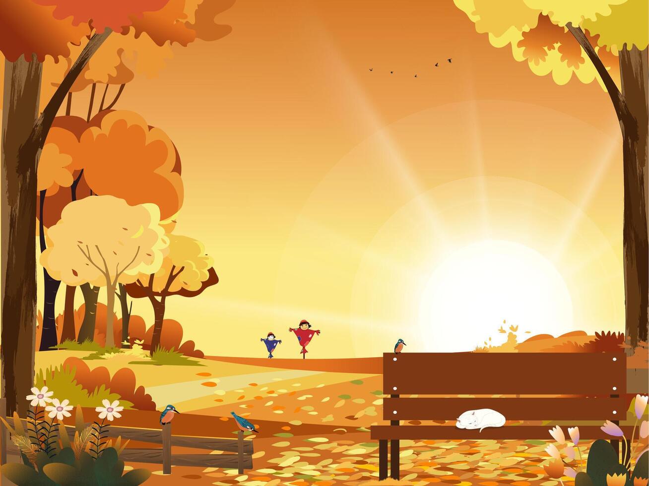 Autumn landscape wonderland fores,Mid autumn natural in orange foliage with ripe wheat fields and cute scarecrow in sunny day, Cute cartoon smiling scarecrow standing on fram fields in fall season. vector