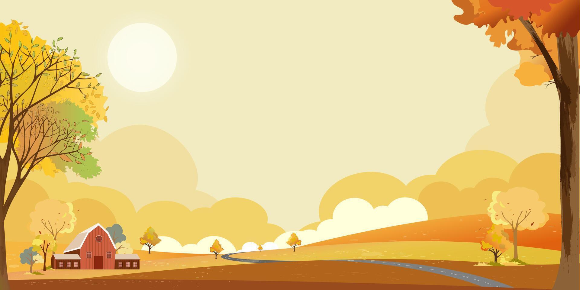 Autumn Landscape Grass fields,Mountain,Morning Yellow Sky and Clouds Background,Horizon peaceful rural nature Sunny day Fall season in countryside.Cartoon illustration Beautiful Sunset Sky vector