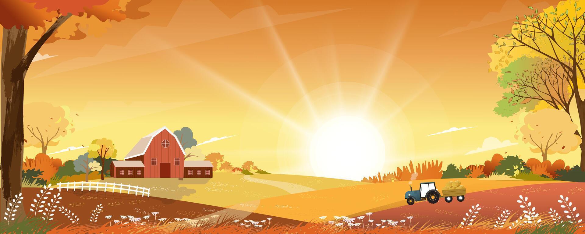 Autumn landscape with forest tree background,Cartoon Scene Fall Season Mountain,Meadow,Orange Foliage,Cloud,Yellow Sunset Sky, nature morning sunrise grass field,maple tree,farm land in country vector