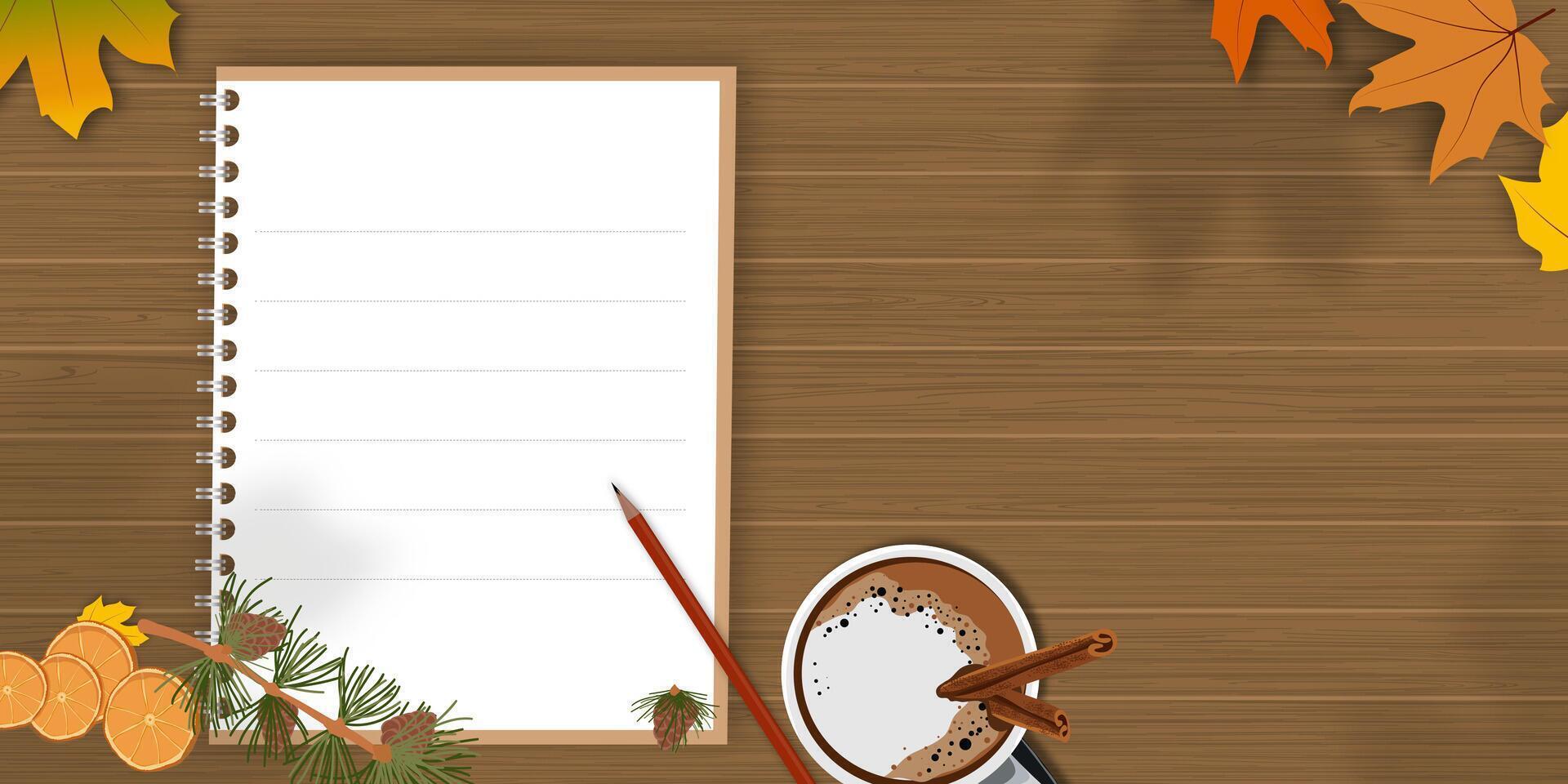 Autumn background with open book,pencil,hot chocolate and maple leaves on brown wood table top.Backdrop with copy space for product present or text for fall season,Autumnal Banner for Thanksgiving vector