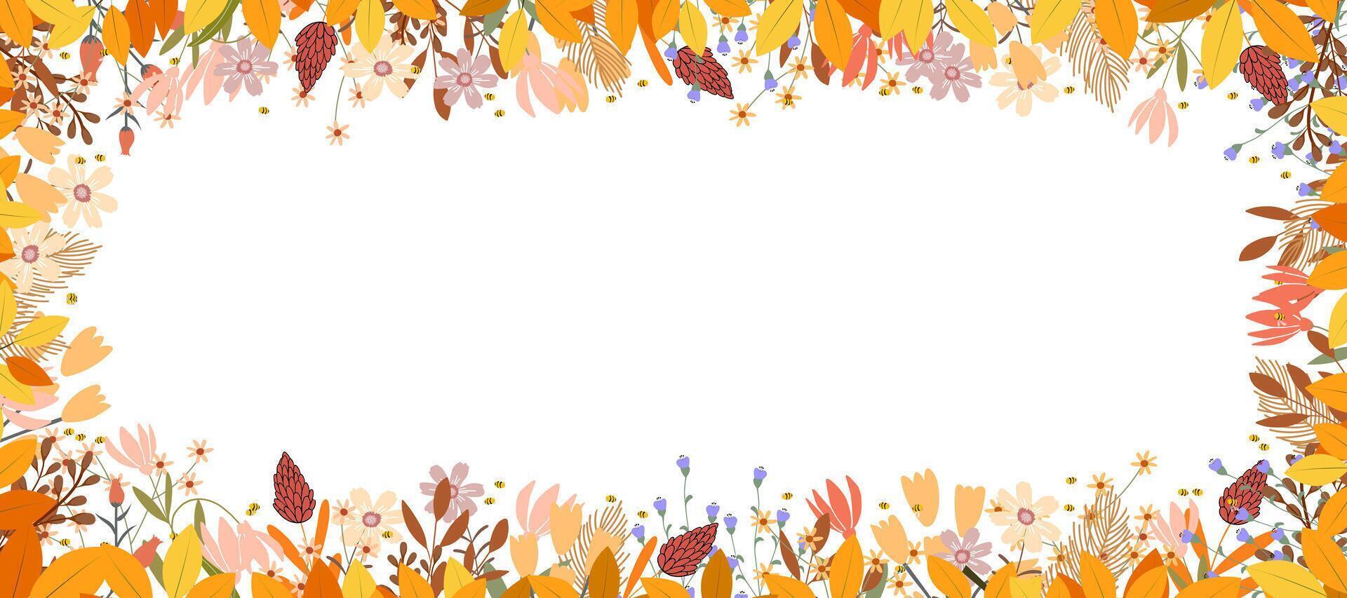 Autumn Background leaves and flower border on white background,Fall season banner with cute colourful wild flowers and leaves frame, backdrop for Thanksgiving,Harvest Day vector