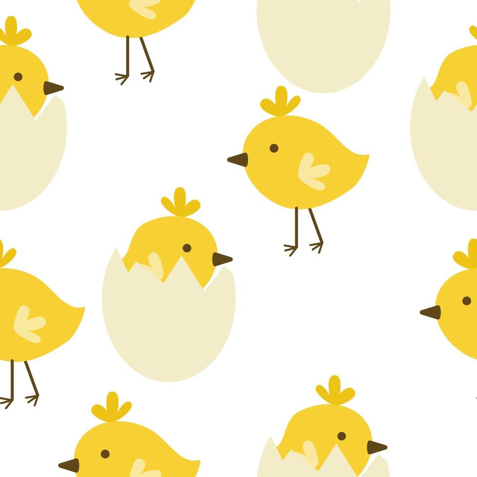Seamless pattern of chickens in shell and without, yellow Easter birds on a white background vector