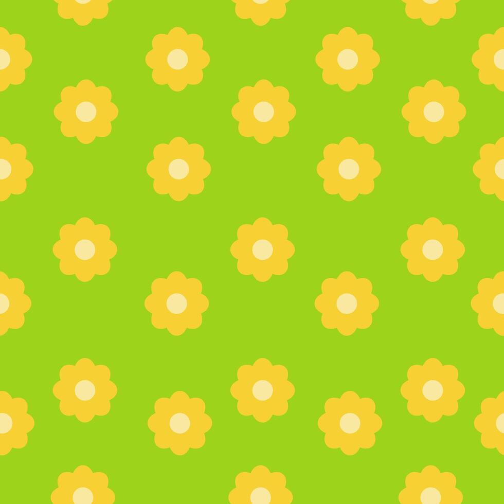 Seamless pattern of simple yellow flowers with a light middle on a bright green background, spring blooming for design vector