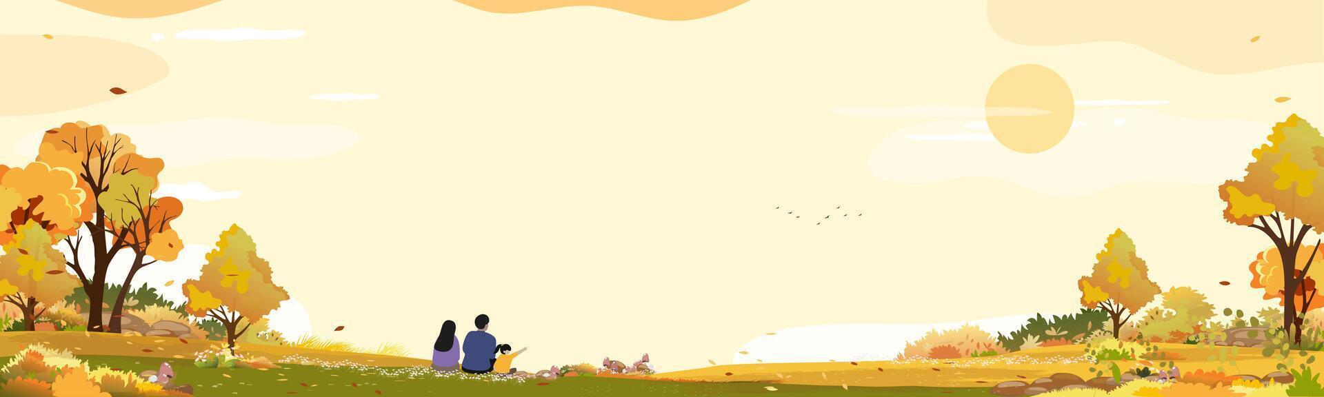 Autumn landscape with Family sitting in garden park looking at Sunset sky,cloud background, illustration Cartoon Banner Nature Orange Foliage Rural Farm field in countryside with sunrise vector