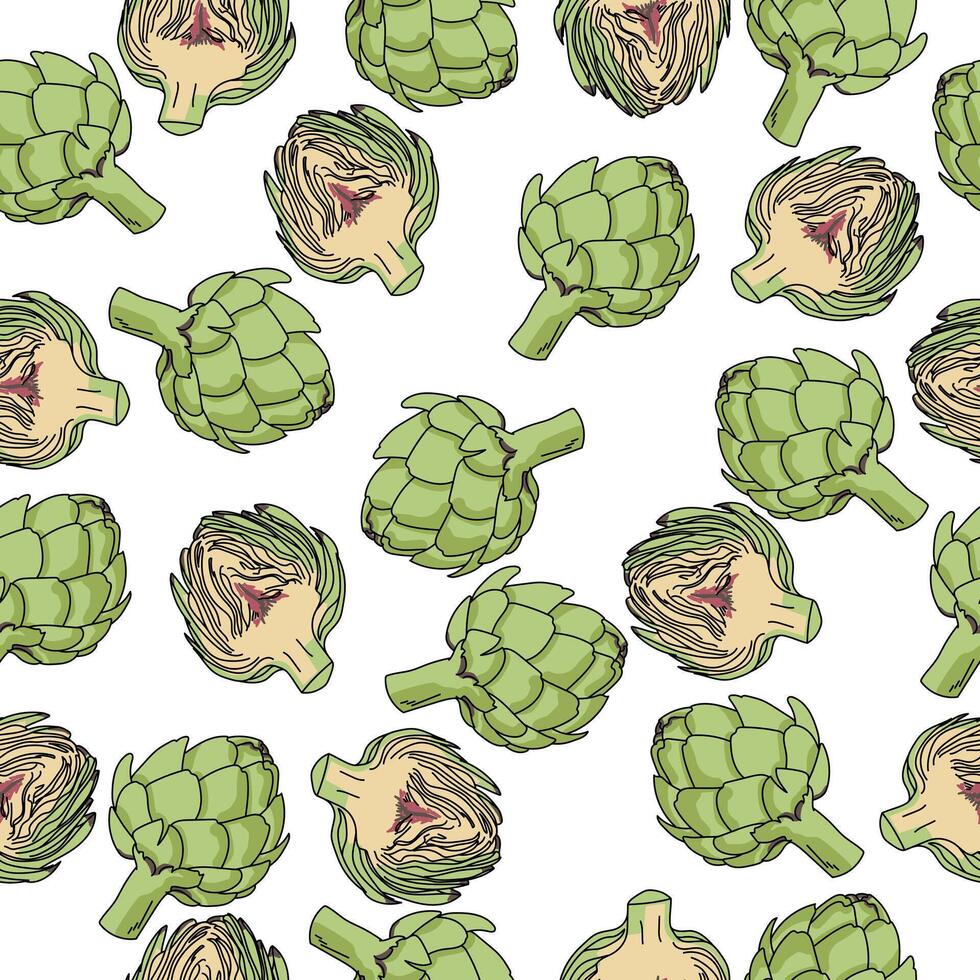 artichoke seamless pattern, green vegetable whole and half on white background vector