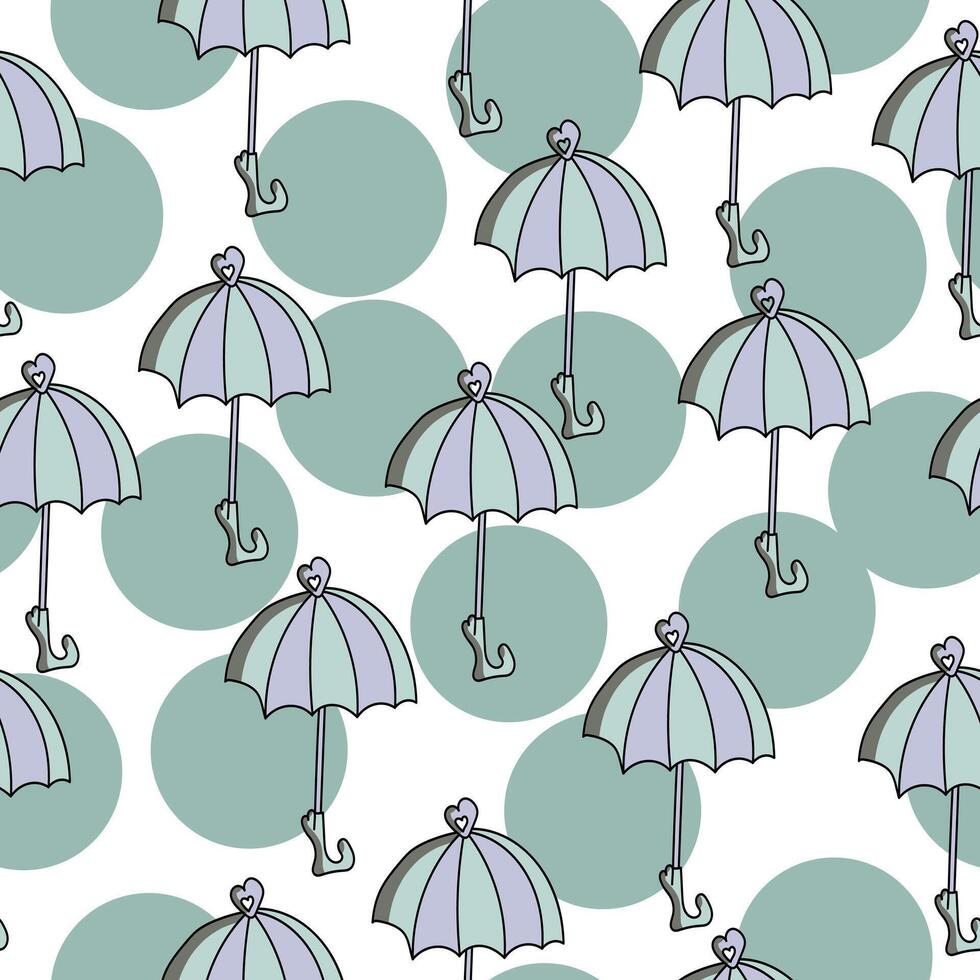 Blue-green umbrellas seamless pattern, rain accessories and green circles on a white background vector