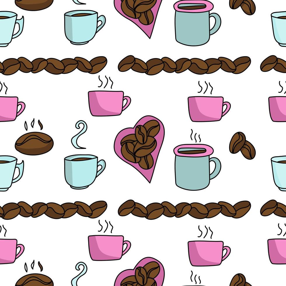 Doodle coffee seamless pattern, coffee beans and cups with hot drink on white background vector