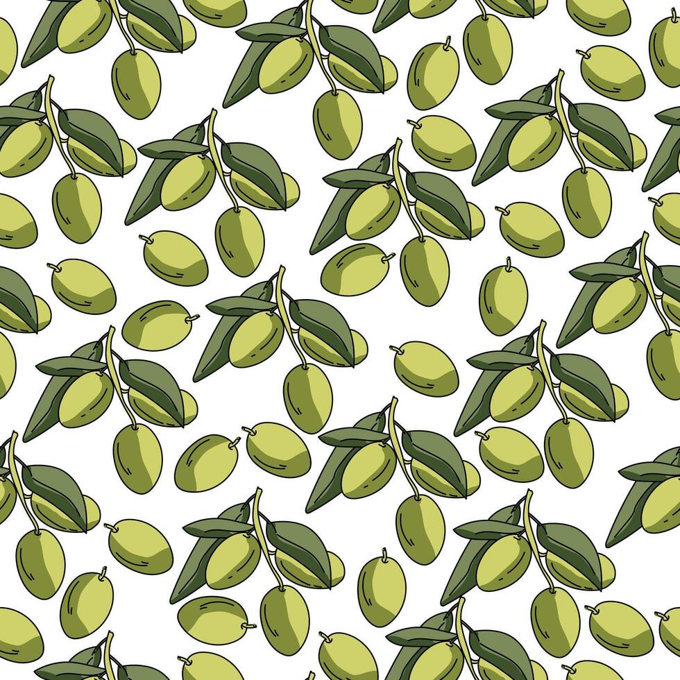 Green olives seamless pattern, branch with leaves and berries on a white background vector