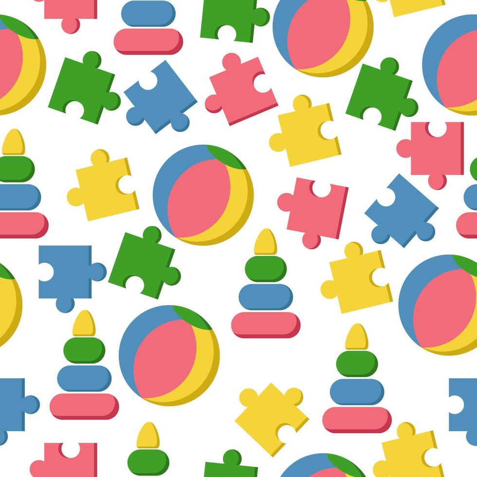 Seamless pattern on a children's theme, bright ball pyramid and puzzle pieces on a white background vector