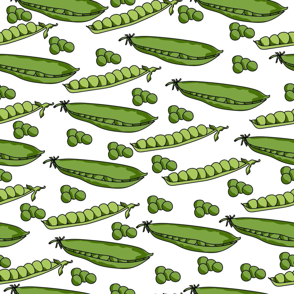 Green peas seamless pattern, open and closed pods and peas on a white background vector