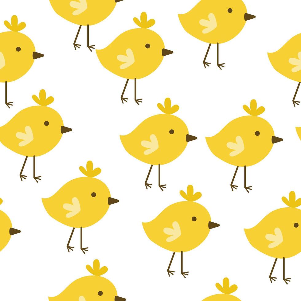Seamless pattern of cute yellow chickens on a white background, Easter birds in a childish style for design vector