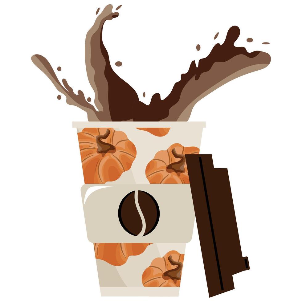 Autumn takeaway coffee cup template with orange pumpkins and brown lid and coffee splashes, for different drink designs vector