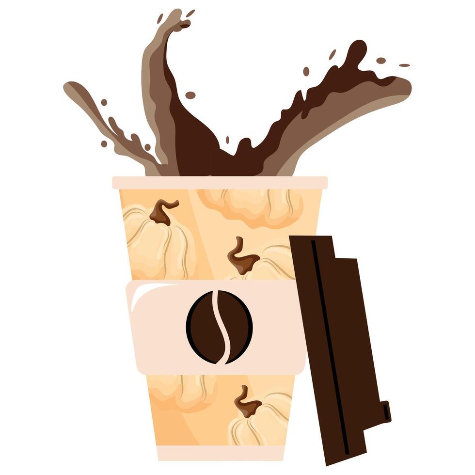 Autumn takeaway coffee cup template with round white pumpkins and brown lid and coffee splashes, for different drink designs vector