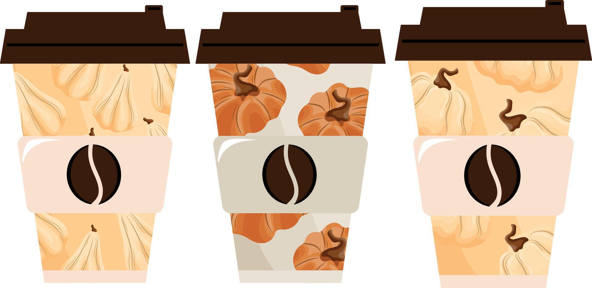 set of autumn templates for takeaway coffee cups with white and orange pumpkins and brown lids, for different drink designs vector