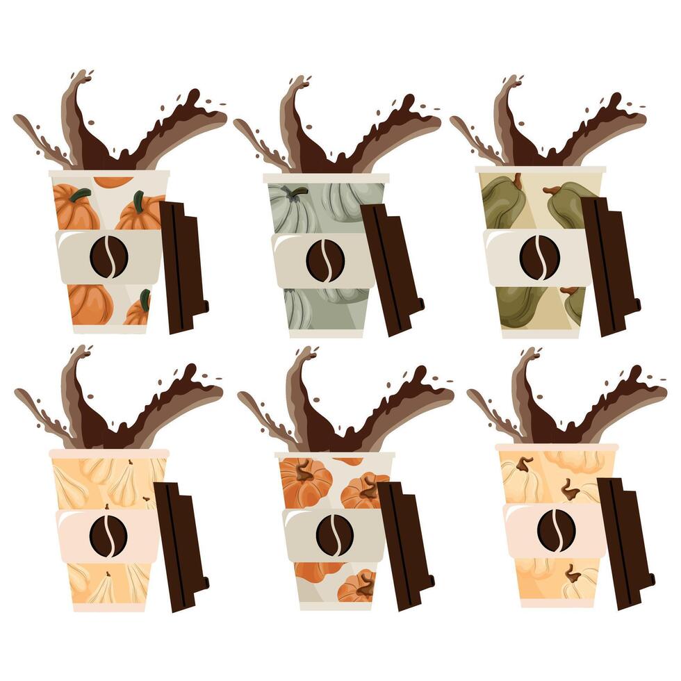 large set of autumn takeaway coffee cup templates with orange, green and white pumpkins and coffee splashes, for different drink designs vector