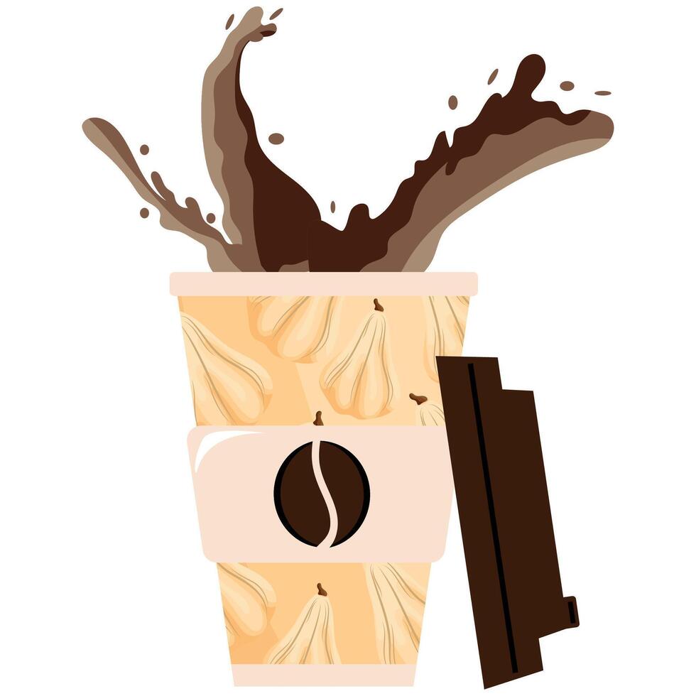 Autumn takeaway coffee cup template with long white pumpkins and brown lid and coffee splashes, for different drink designs vector